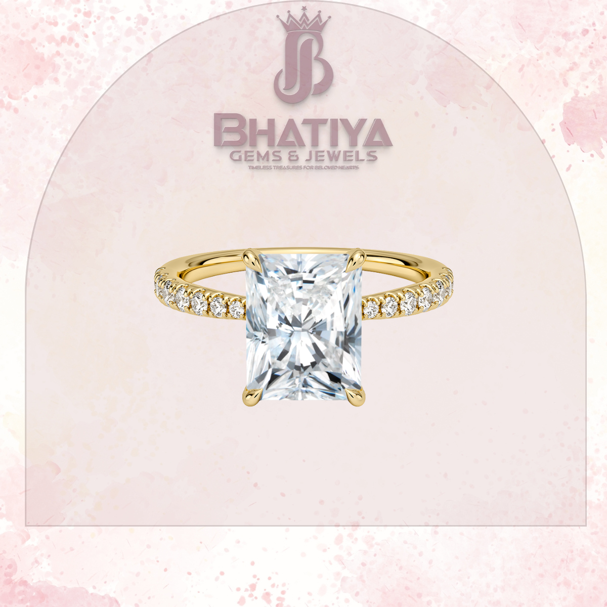 Round Brilliant Moissanite Diamond Solitaire Engagement Ring in 18K Yellow Gold Pave Band Sparkle