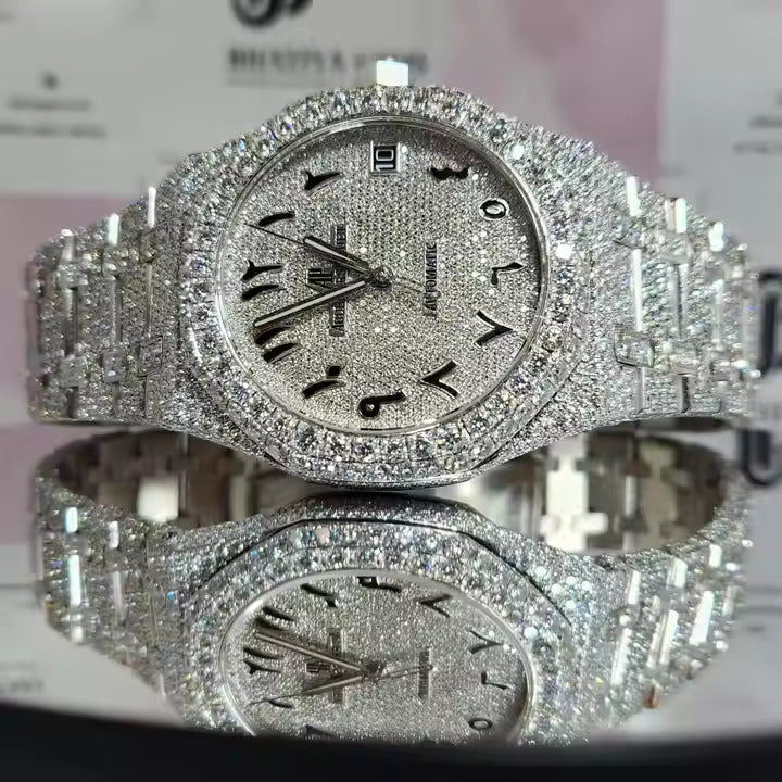 Arabic Dial Premium Quality Antique Iced Out VVS Clarity Moissanite Diamond Studded Luxursy Stainless Steel Watch