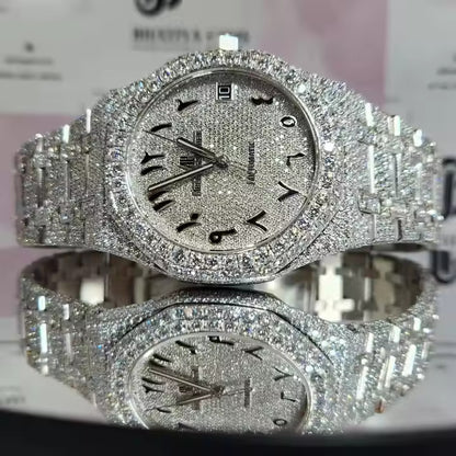 Arabic Dial Premium Quality Antique Iced Out VVS Clarity Moissanite Diamond Studded Luxursy Stainless Steel Watch