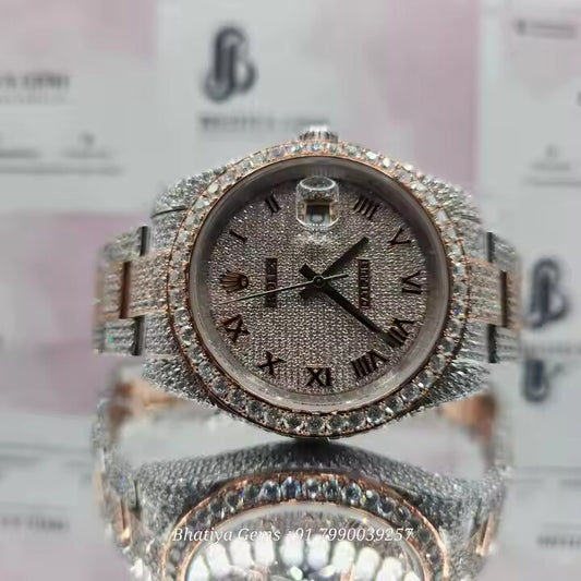 VVS White Moissanite Diamond Fully Iced Out Automatic Movement Hip Hop Studded Skeleton Two Tone Luxury Handmade Men's Watch