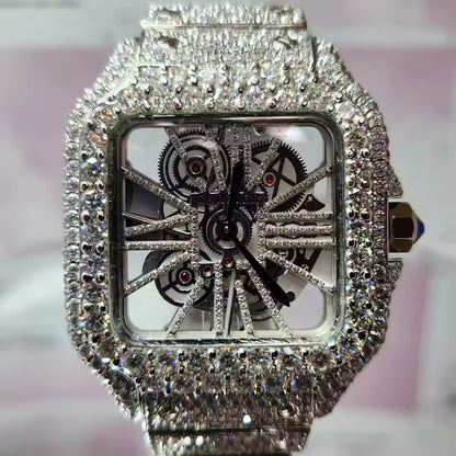 Skeleton Silver Men's Iced Out Moissanite Quartz Hip Hop Luxury Mechanical Wrist Watch for Men