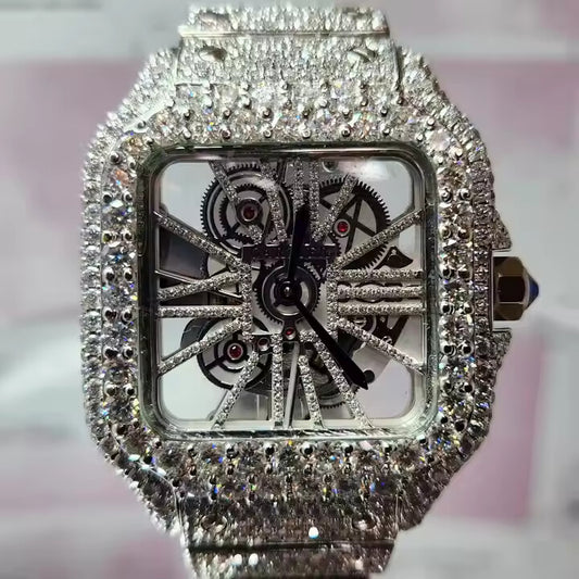 Skeleton Silver Men's Iced Out Moissanite Quartz Hip Hop Luxury Mechanical Wrist Watch for Men
