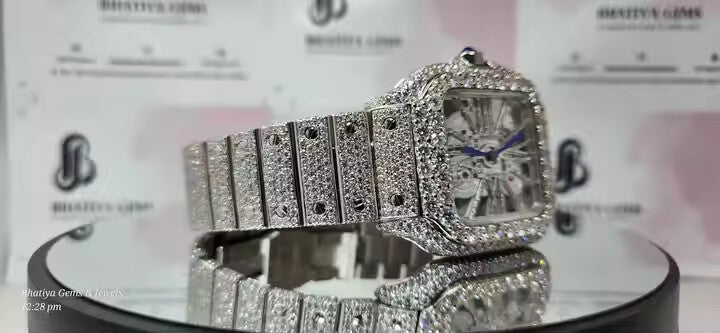 Skeleton Silver Men's Iced Out Moissanite Quartz Hip Hop Luxury Mechanical Wrist Watch for Men