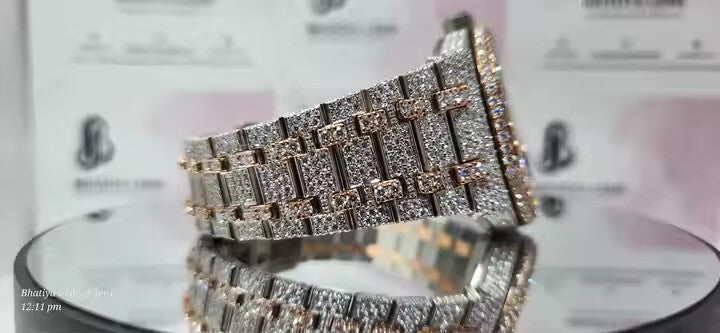 Two Tone Dial Bling Automatic Mechanical Iced Out Unisex Moissanite Diamond Watch Tester Pass Original Box Included