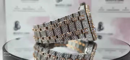 Two Tone Dial Bling Automatic Mechanical Iced Out Unisex Moissanite Diamond Watch Tester Pass Original Box Included