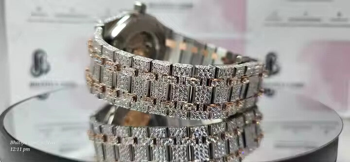 Two Tone Dial Bling Automatic Mechanical Iced Out Unisex Moissanite Diamond Watch Tester Pass Original Box Included