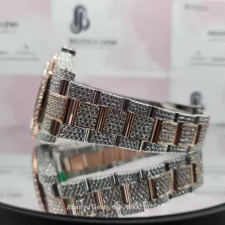 VVS White Moissanite Diamond Fully Iced Out Automatic Movement Hip Hop Studded Skeleton Two Tone Luxury Handmade Men's Watch