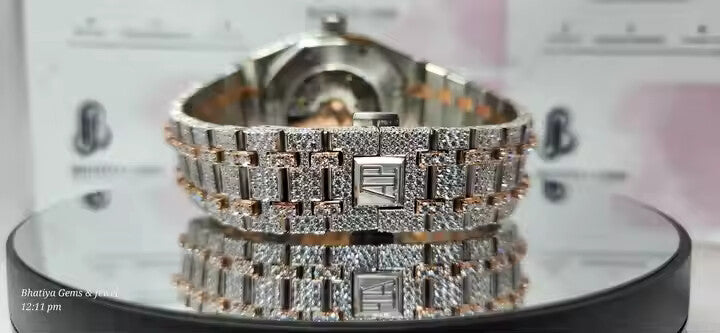 Two Tone Dial Bling Automatic Mechanical Iced Out Unisex Moissanite Diamond Watch Tester Pass Original Box Included