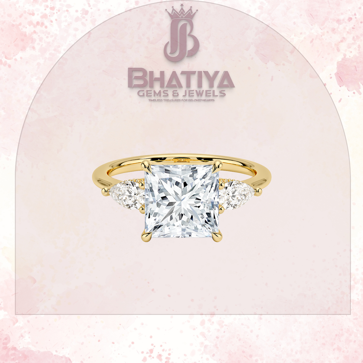 Elegant Diamond Engagement Ring – 14K Yellow Gold with Side Pear-Shaped Diamonds Luxury Fine Jewelry by Bhatiya Gems & Jewels
