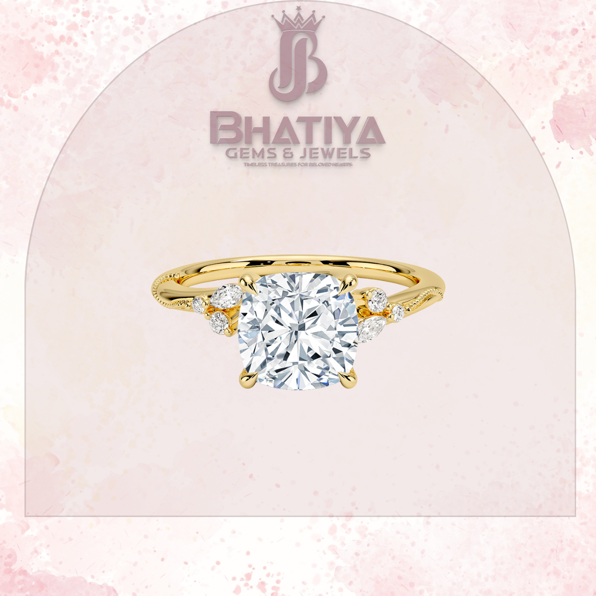 Vintage-Inspired Diamond Engagement Ring – 6-Prong Setting with Side Accents in Yellow Gold