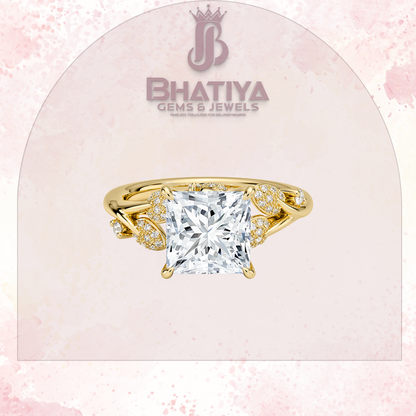 Timeless Elegance Solitaire Ring with Diamond Leaf Accents 14K Gold