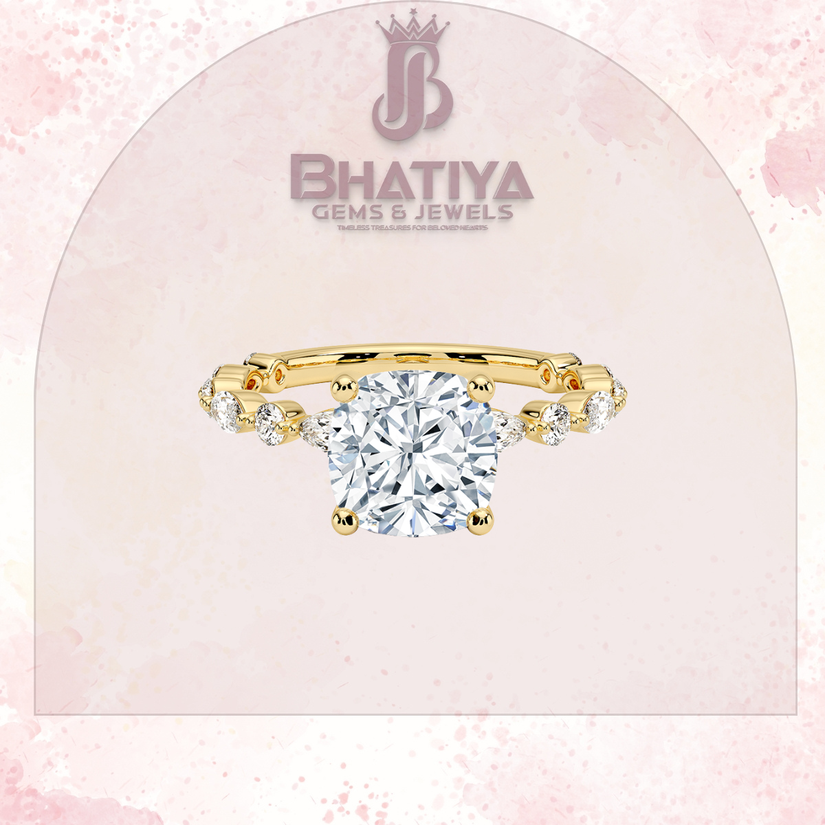 Classic Diamond Ring with Round Diamond Side Accents in IGI Certified Yellow Gold and Silver 925.