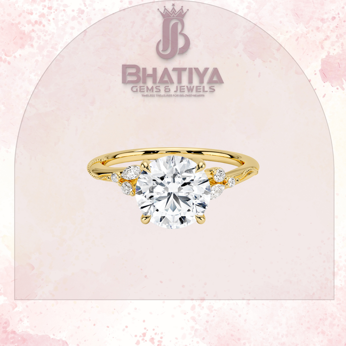 Vintage-Inspired Diamond Engagement Ring – 6-Prong Setting with Side Accents in Yellow Gold