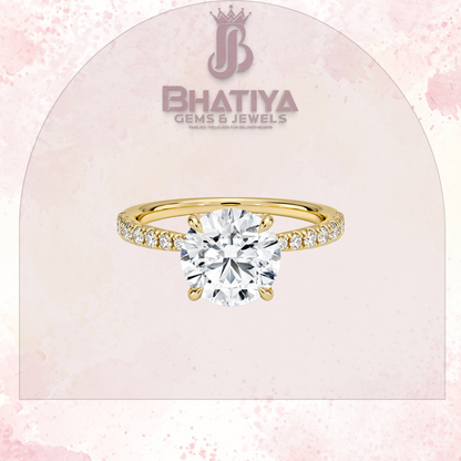 Round Brilliant Moissanite Diamond Solitaire Engagement Ring in 18K Yellow Gold Pave Band Sparkle