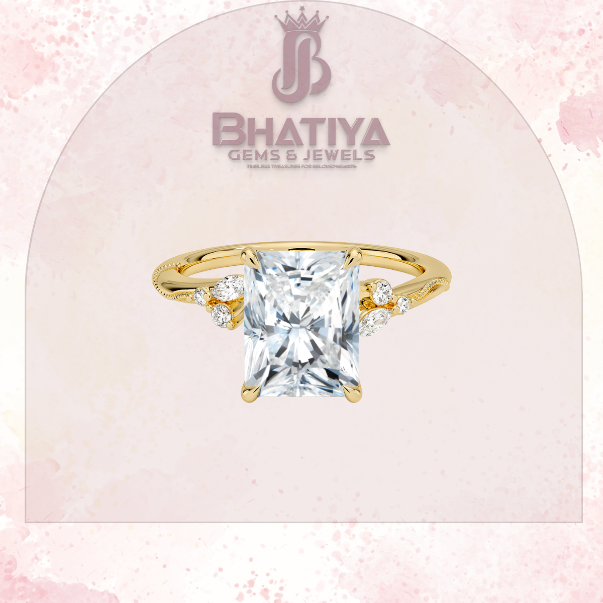 Vintage-Inspired Diamond Engagement Ring – 6-Prong Setting with Side Accents in Yellow Gold
