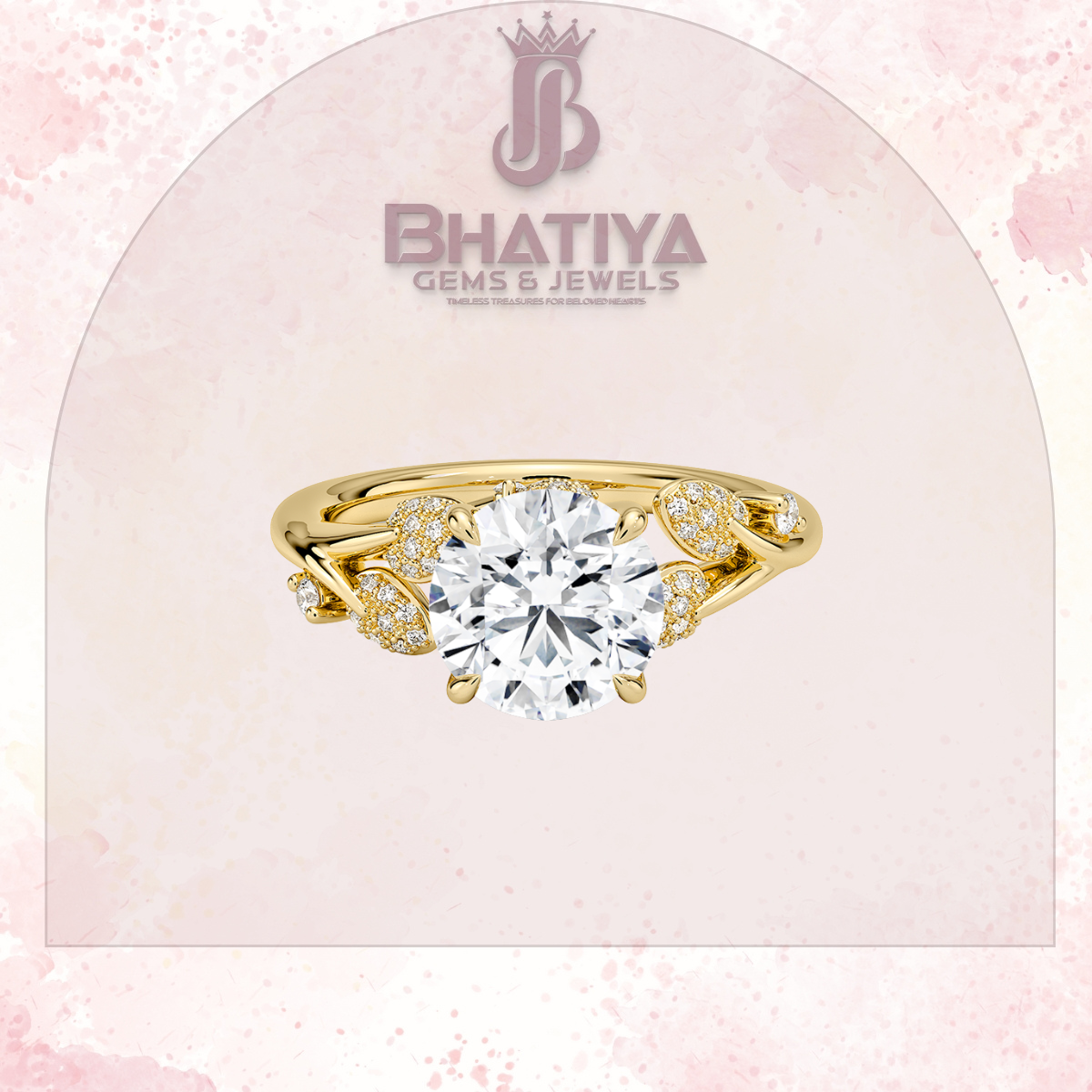 Timeless Elegance Solitaire Ring with Diamond Leaf Accents 14K Gold