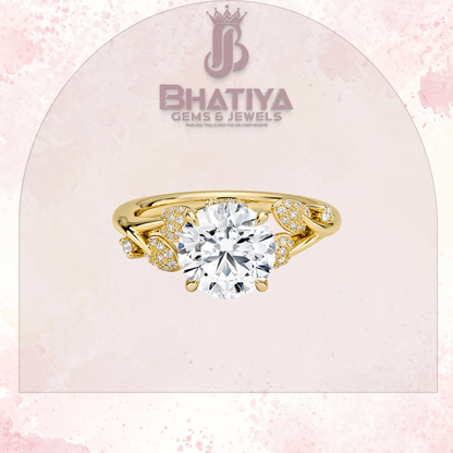 Timeless Elegance Solitaire Ring with Diamond Leaf Accents 14K Gold