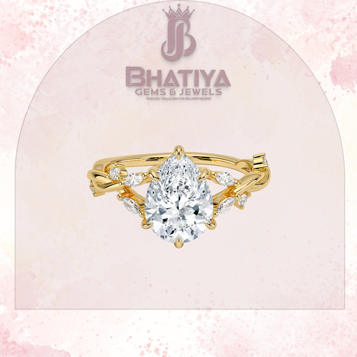 Engagement Ring in 14K Gold with Twisted Vine Band & Marquise Accents