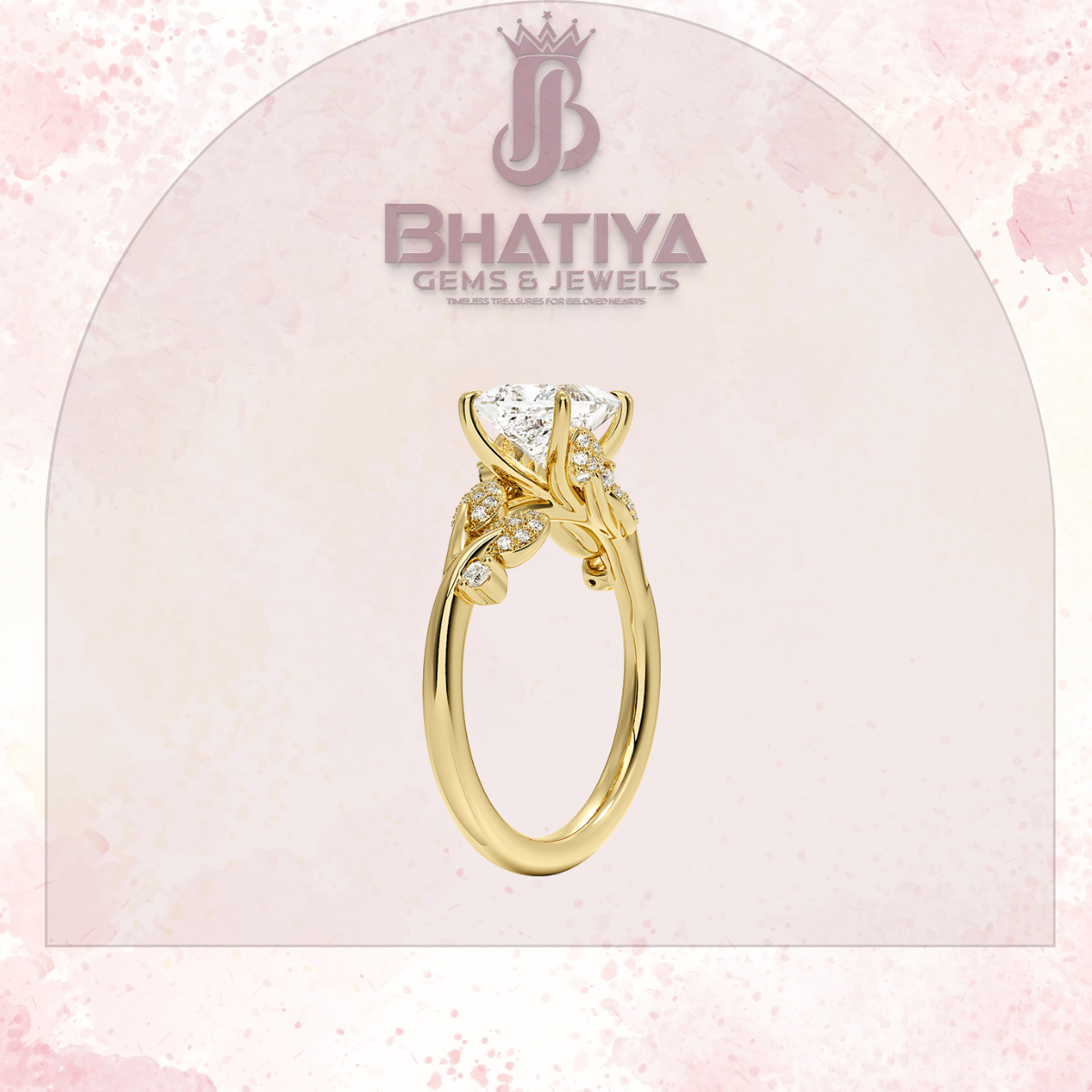 Timeless Elegance Solitaire Ring with Diamond Leaf Accents 14K Gold