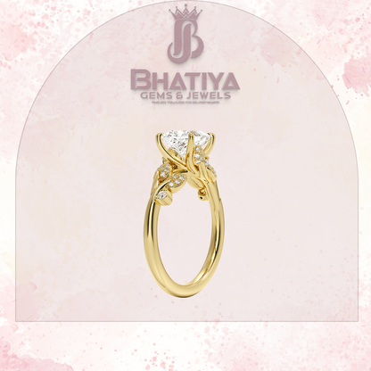 Timeless Elegance Solitaire Ring with Diamond Leaf Accents 14K Gold