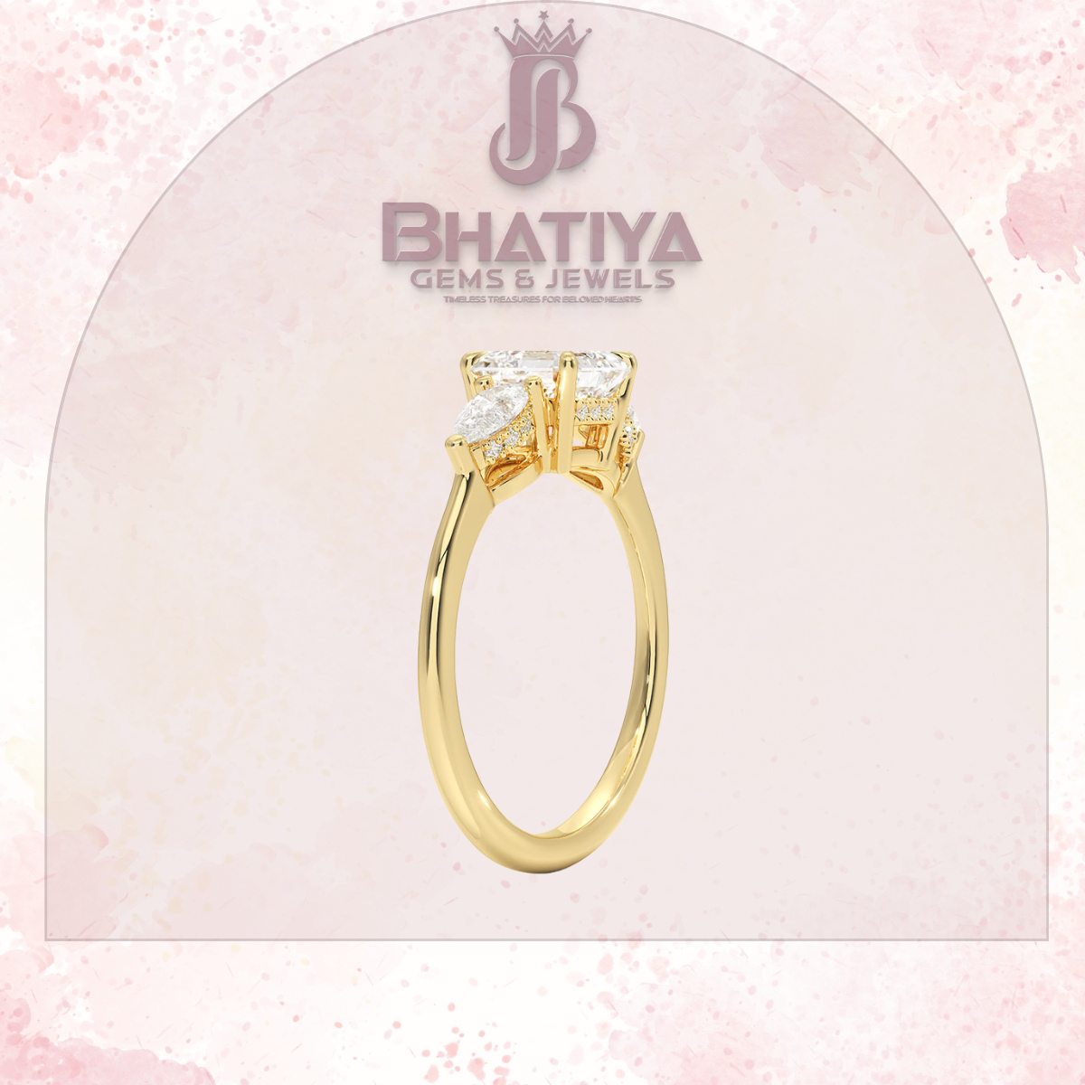 Elegant Diamond Engagement Ring – 14K Yellow Gold with Side Pear-Shaped Diamonds Luxury Fine Jewelry by Bhatiya Gems & Jewels