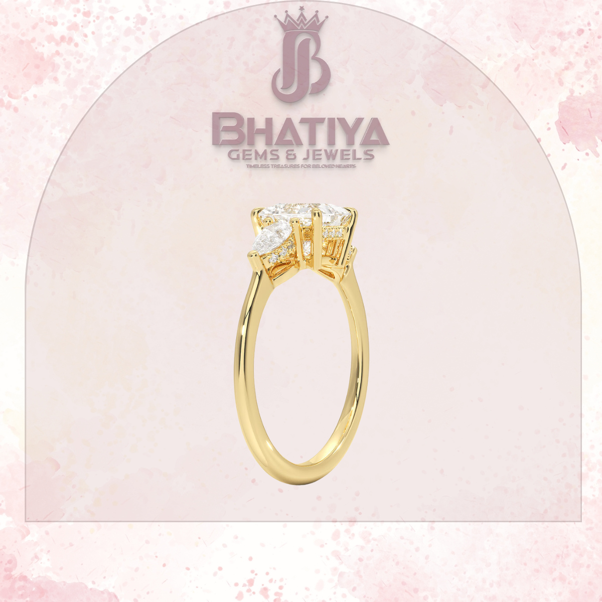Elegant Diamond Engagement Ring – 14K Yellow Gold with Side Pear-Shaped Diamonds Luxury Fine Jewelry by Bhatiya Gems & Jewels