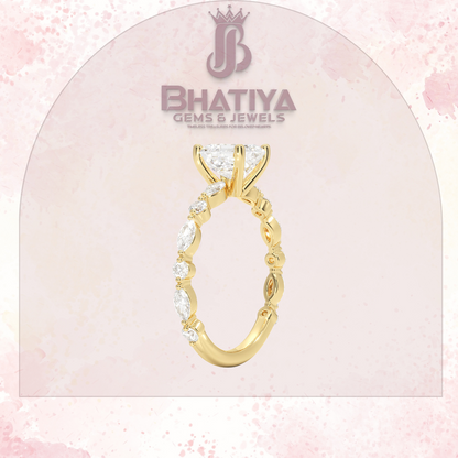 Classic Diamond Ring with Round Diamond Side Accents in IGI Certified Yellow Gold and Silver 925.