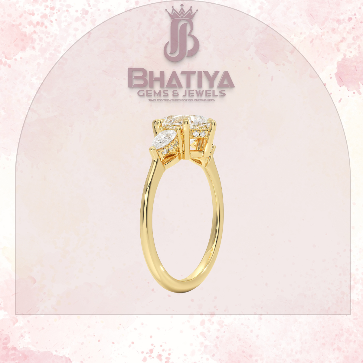 Elegant Diamond Engagement Ring – 14K Yellow Gold with Side Pear-Shaped Diamonds Luxury Fine Jewelry by Bhatiya Gems & Jewels