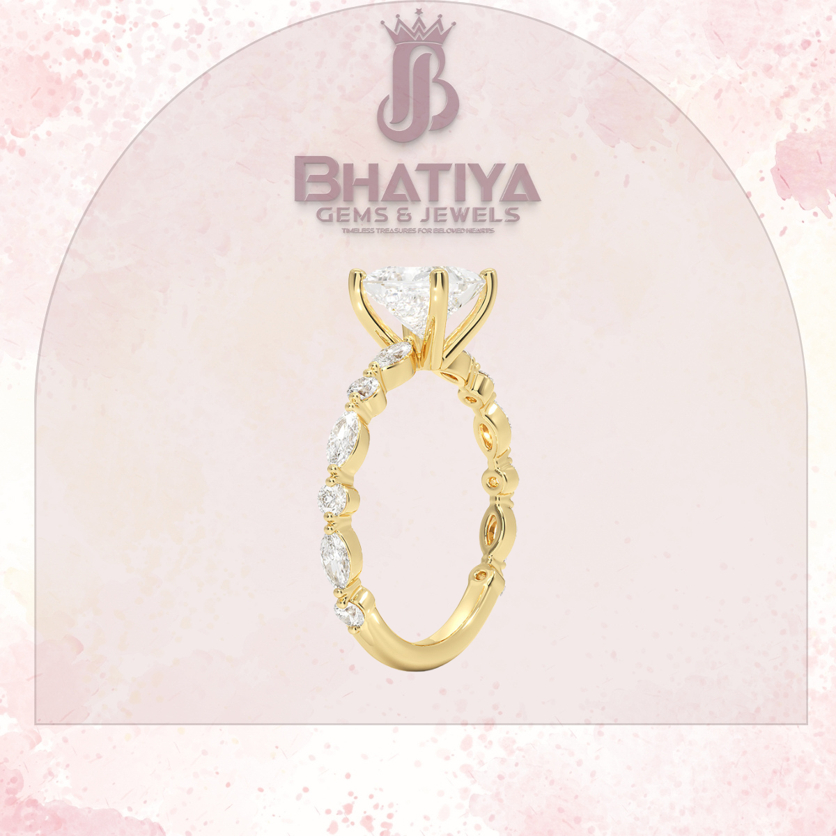 Classic Diamond Ring with Round Diamond Side Accents in IGI Certified Yellow Gold and Silver 925.