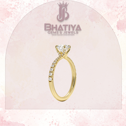 Round Brilliant Moissanite Diamond Solitaire Engagement Ring in 18K Yellow Gold Pave Band Sparkle