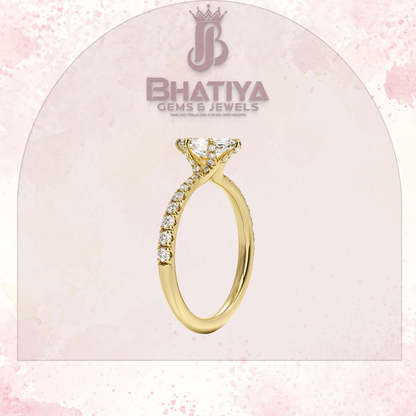Round Brilliant Moissanite Diamond Solitaire Engagement Ring in 18K Yellow Gold Pave Band Sparkle