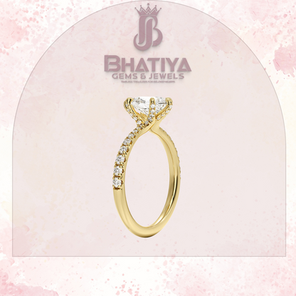 Round Brilliant Moissanite Diamond Solitaire Engagement Ring in 18K Yellow Gold Pave Band Sparkle