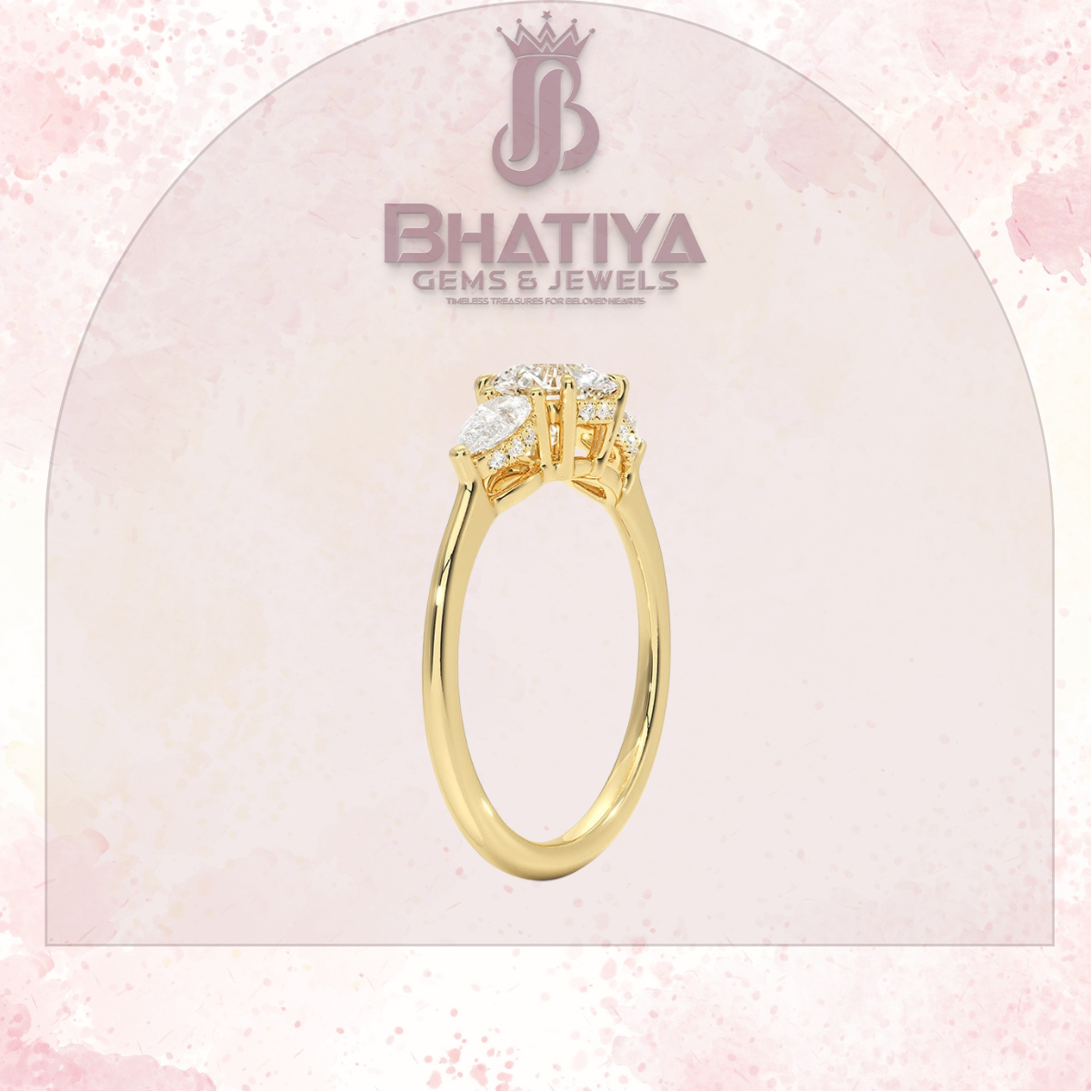 Elegant Diamond Engagement Ring – 14K Yellow Gold with Side Pear-Shaped Diamonds Luxury Fine Jewelry by Bhatiya Gems & Jewels