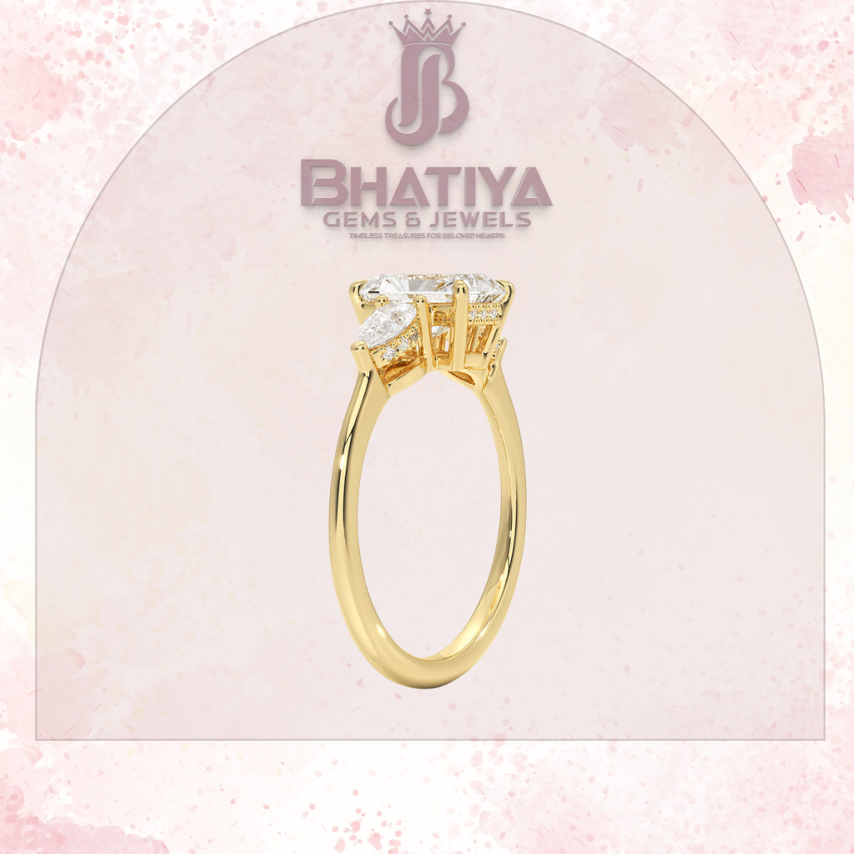 Elegant Diamond Engagement Ring – 14K Yellow Gold with Side Pear-Shaped Diamonds Luxury Fine Jewelry by Bhatiya Gems & Jewels