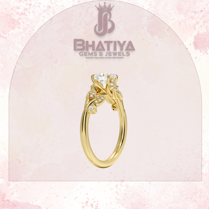Timeless Elegance Solitaire Ring with Diamond Leaf Accents 14K Gold