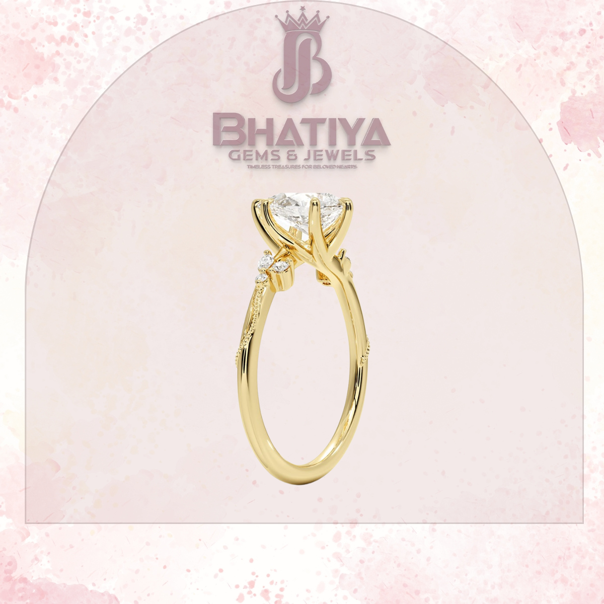 Vintage-Inspired Diamond Engagement Ring – 6-Prong Setting with Side Accents in Yellow Gold