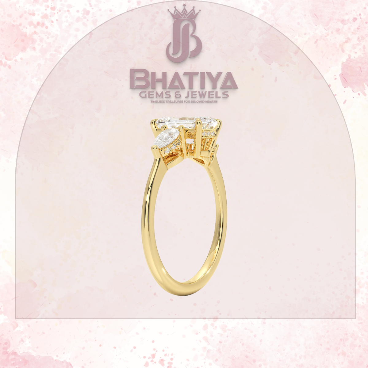 Elegant Diamond Engagement Ring – 14K Yellow Gold with Side Pear-Shaped Diamonds Luxury Fine Jewelry by Bhatiya Gems & Jewels
