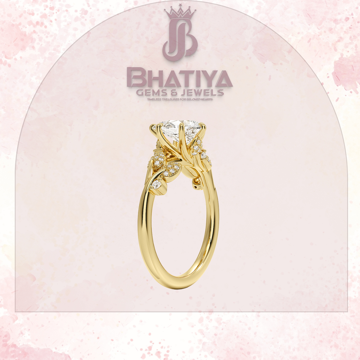 Timeless Elegance Solitaire Ring with Diamond Leaf Accents 14K Gold