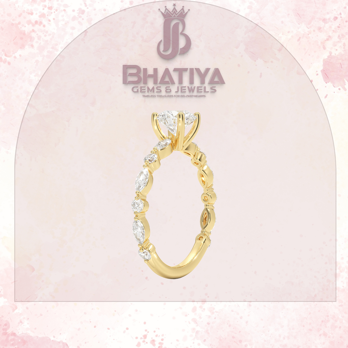 Classic Diamond Ring with Round Diamond Side Accents in IGI Certified Yellow Gold and Silver 925.