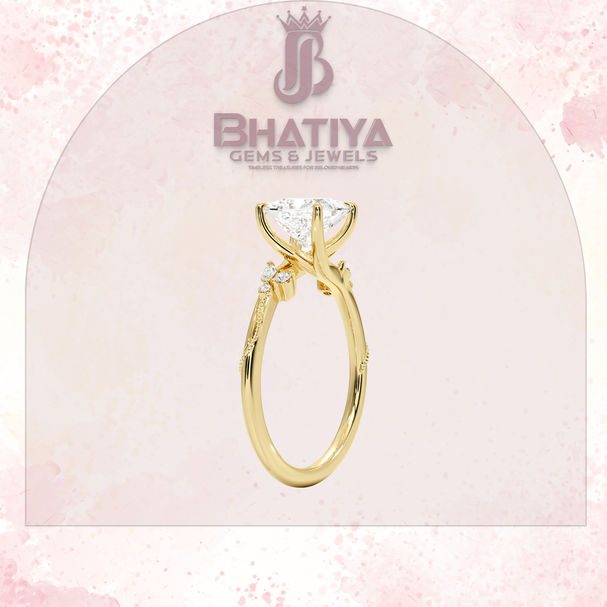 Vintage-Inspired Diamond Engagement Ring – 6-Prong Setting with Side Accents in Yellow Gold