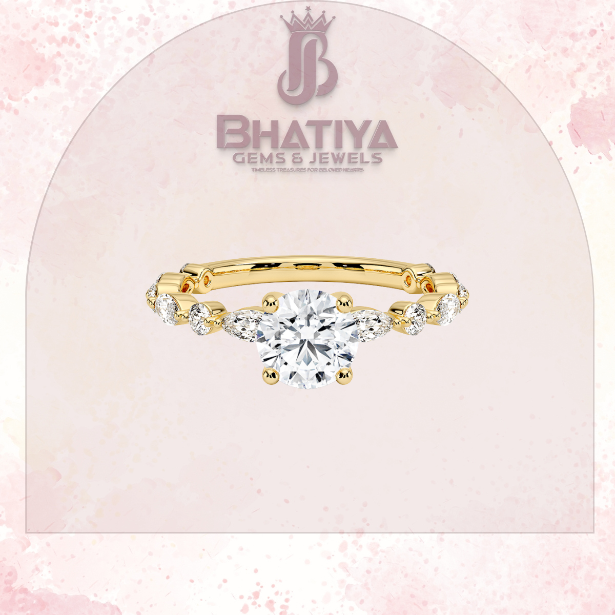 Classic Diamond Ring with Round Diamond Side Accents in IGI Certified Yellow Gold and Silver 925.