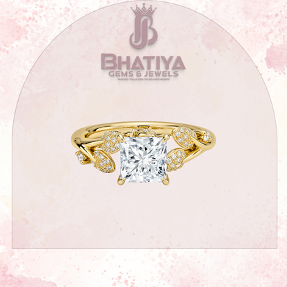 Timeless Elegance Solitaire Ring with Diamond Leaf Accents 14K Gold