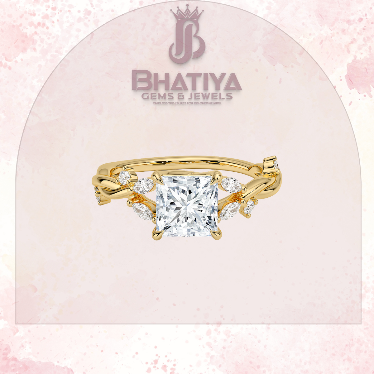 Engagement Ring in 14K Gold with Twisted Vine Band & Marquise Accents