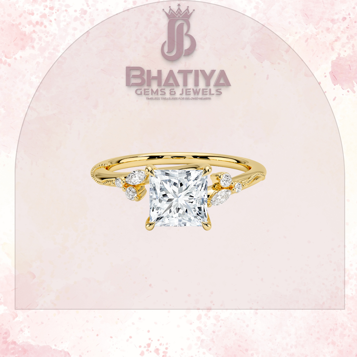 Vintage-Inspired Diamond Engagement Ring – 6-Prong Setting with Side Accents in Yellow Gold