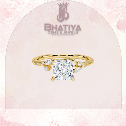 Vintage-Inspired Diamond Engagement Ring – 6-Prong Setting with Side Accents in Yellow Gold