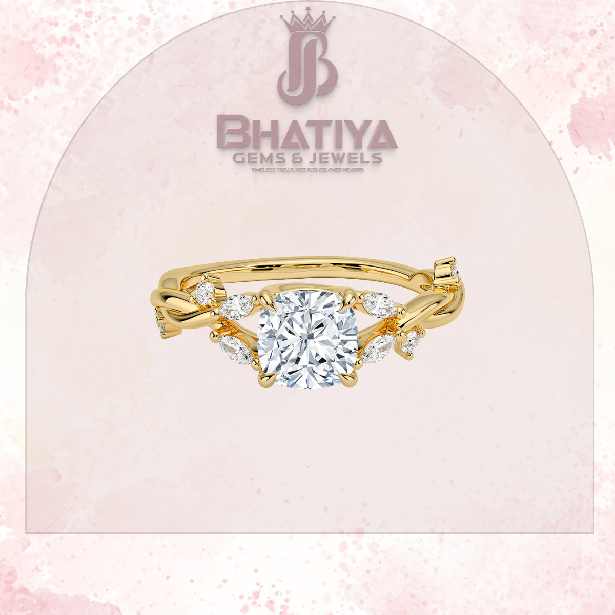 Engagement Ring in 14K Gold with Twisted Vine Band & Marquise Accents