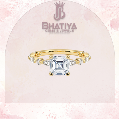 Classic Diamond Ring with Round Diamond Side Accents in IGI Certified Yellow Gold and Silver 925.