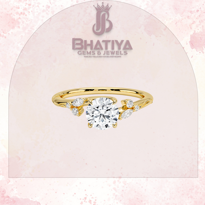 Vintage-Inspired Diamond Engagement Ring – 6-Prong Setting with Side Accents in Yellow Gold