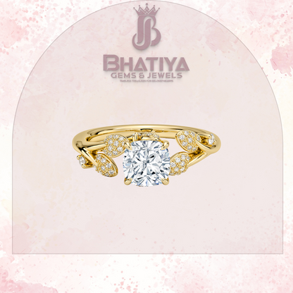 Timeless Elegance Solitaire Ring with Diamond Leaf Accents 14K Gold