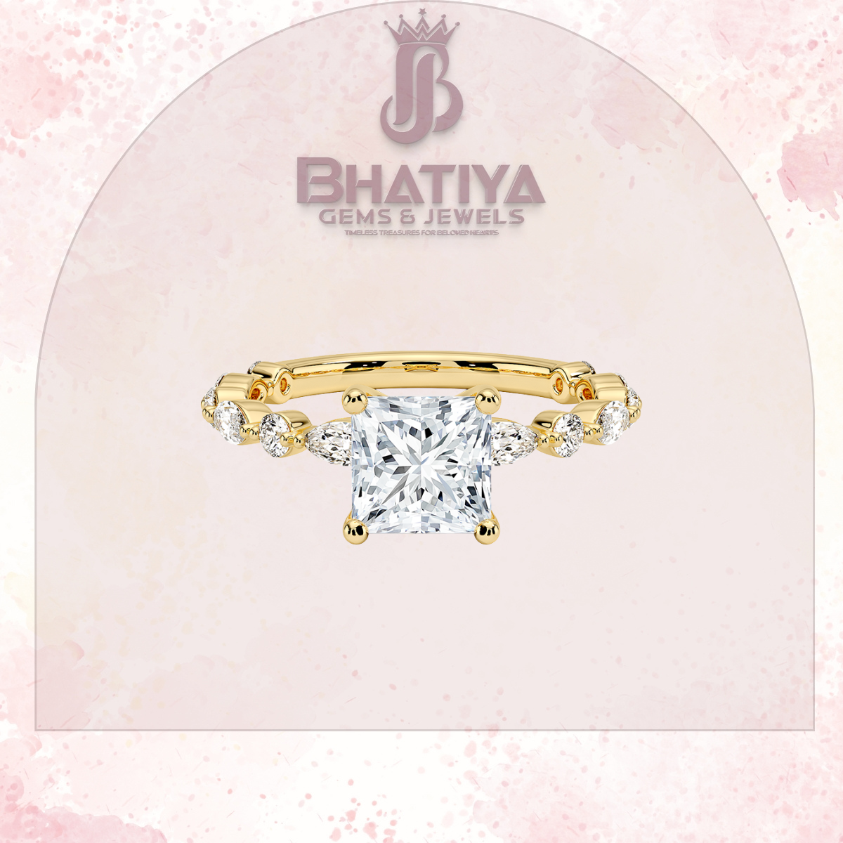 Classic Diamond Ring with Round Diamond Side Accents in IGI Certified Yellow Gold and Silver 925.